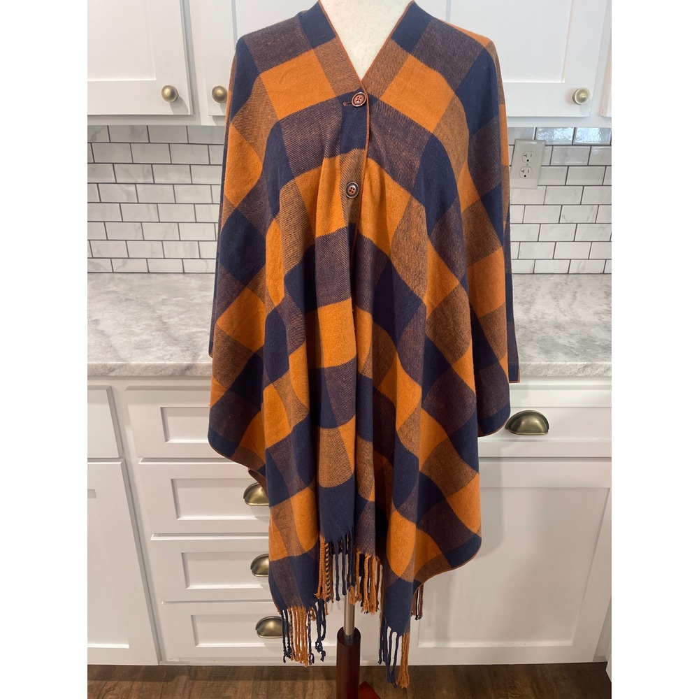 Matilda Jane Poncho Women OS Orange Navy Buffalo Plaid Fringe Button Wrap